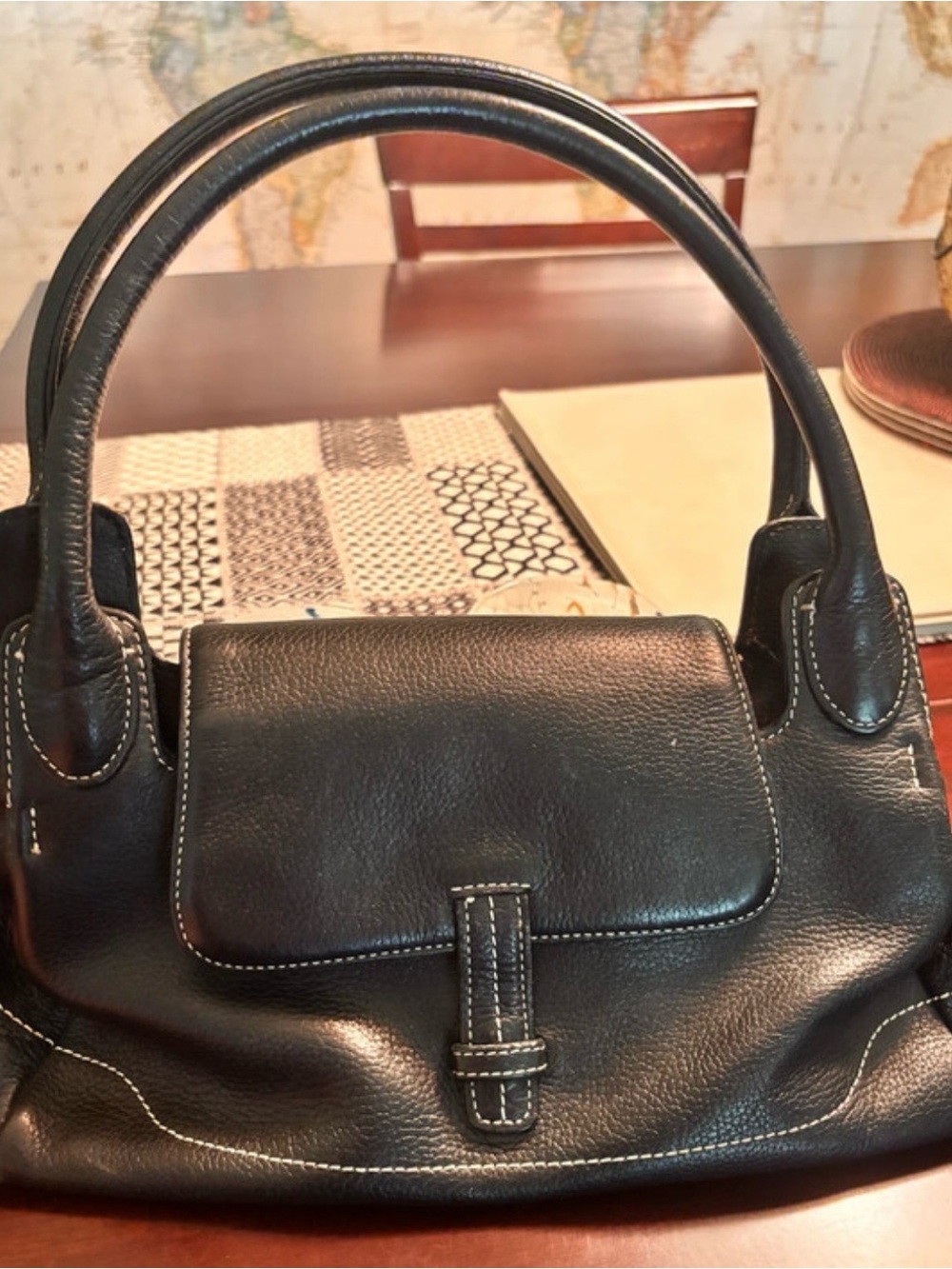 Ann Taylor LOFT Black Leather Shoulder Bag with White Contrast Stitching